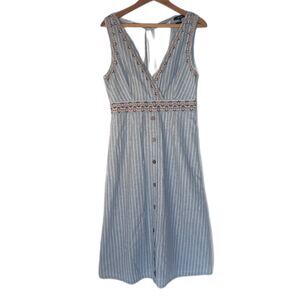 Miss Me Sleeveless Linen Blend Dress Embroidered Striped Low Back Size MD Boho